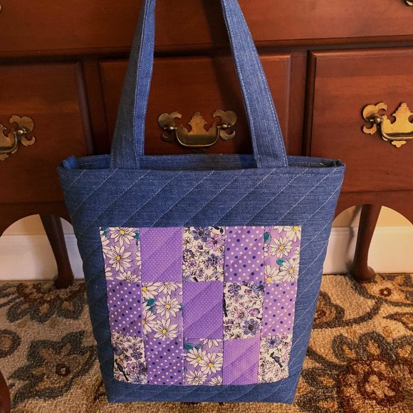Handmade Denim and Lavender Floral Patchwork Quilted Tote Bag with Zip Closure - Picture 4 of 9